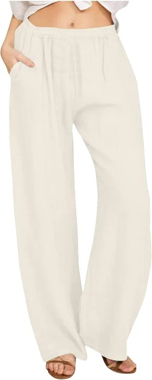Linen Pants Women Summer Drawstring Waist Wide Leg Loose Cotton Linen Palazzo Pants Vacation Beach Pants with Pockets