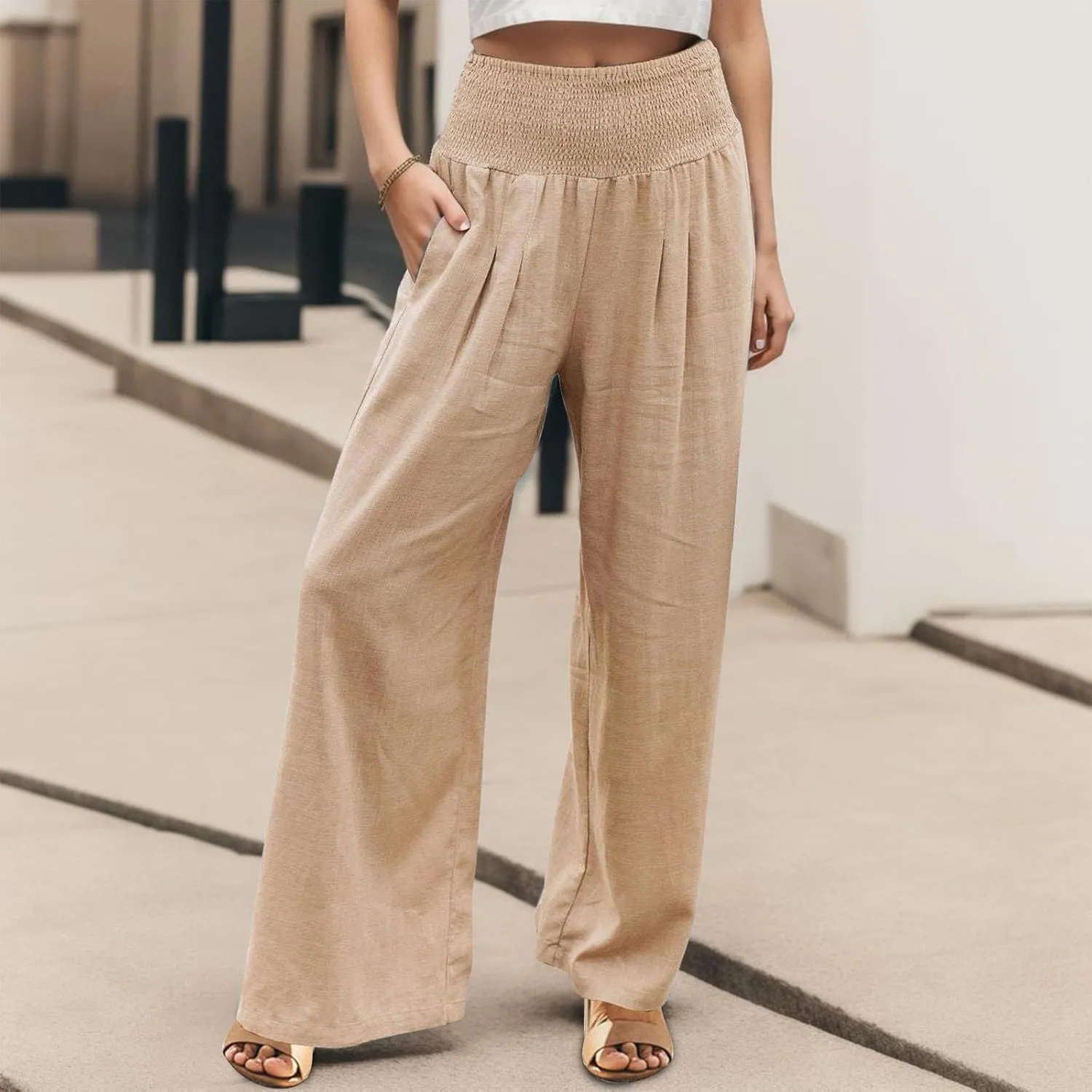 Linen Pants Women Summer Wide Leg Pants Smocked Waist Pants High Waisted Lounge Pants Casual Flowy Palazzo Beach Trousers