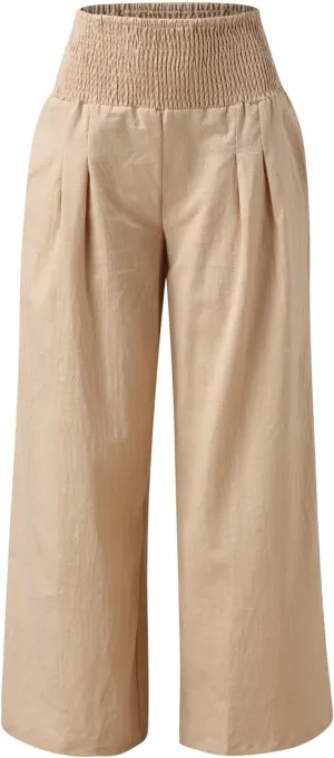 Linen Pants Women Summer Wide Leg Pants Smocked Waist Pants High Waisted Lounge Pants Casual Flowy Palazzo Beach Trousers