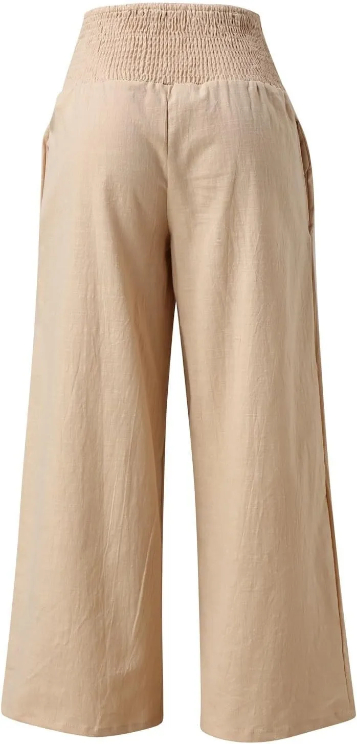 Linen Pants Women Summer Wide Leg Pants Smocked Waist Pants High Waisted Lounge Pants Casual Flowy Palazzo Beach Trousers