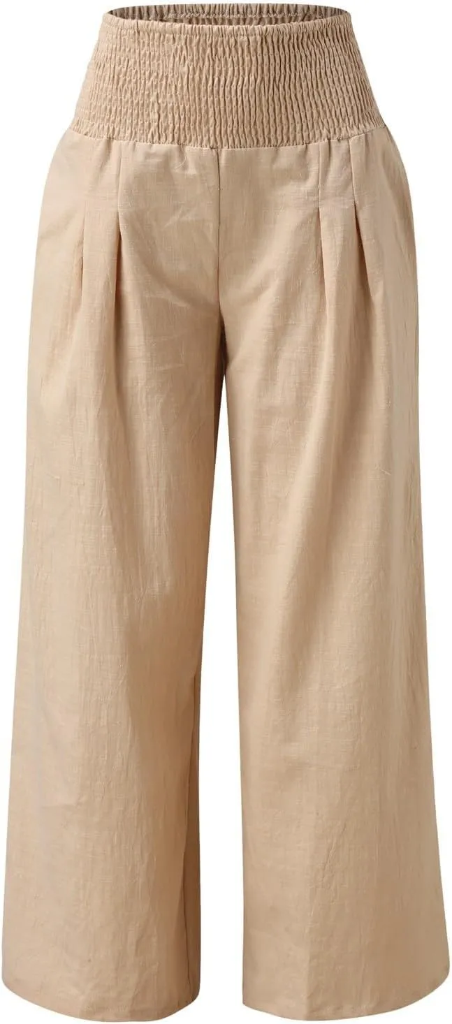 Linen Pants Women Summer Wide Leg Pants Smocked Waist Pants High Waisted Lounge Pants Casual Flowy Palazzo Beach Trousers