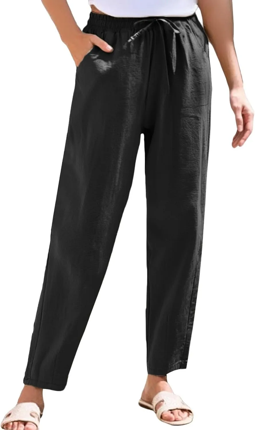 Linen Pants Women Trendy Wide Leg Elastic Drawstring Pants with Pockets Womens Trousers Lounge Comfy Wide Leg Trousers Women