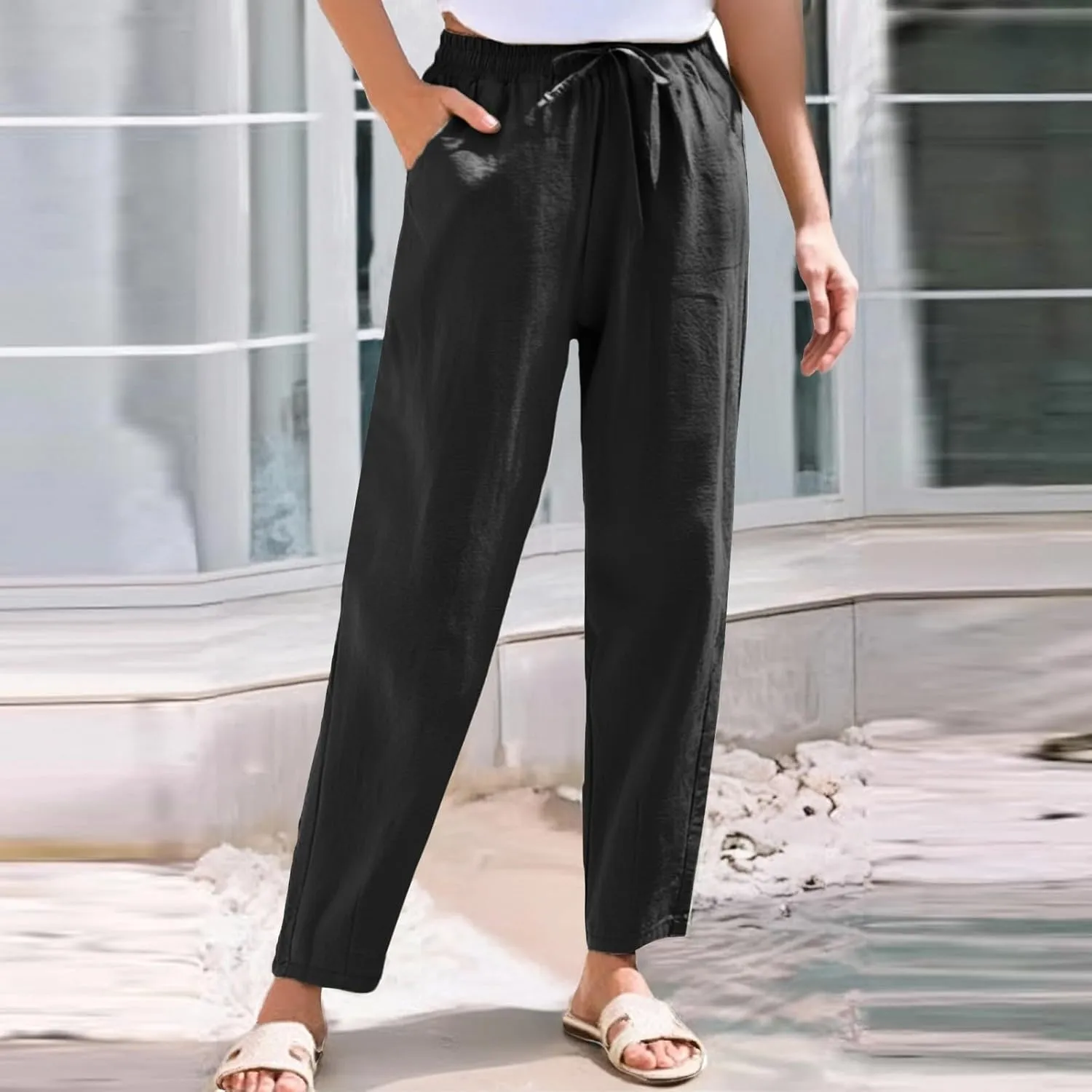 Linen Pants Women Trendy Wide Leg Elastic Drawstring Pants with Pockets Womens Trousers Lounge Comfy Wide Leg Trousers Women