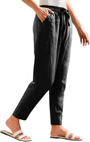 Linen Pants Women Trendy Wide Leg Elastic Drawstring Pants with Pockets Womens Trousers Lounge Comfy Wide Leg Trousers Women