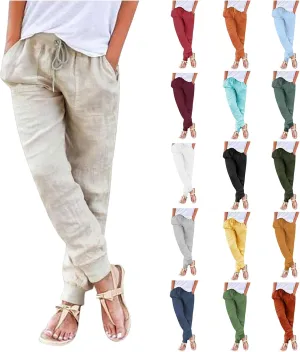 Linen Tapered Pants Women Drawstring Elastic Waist Casual Trousers with Pockets Straight Leg Loose Comfy Sweatpants