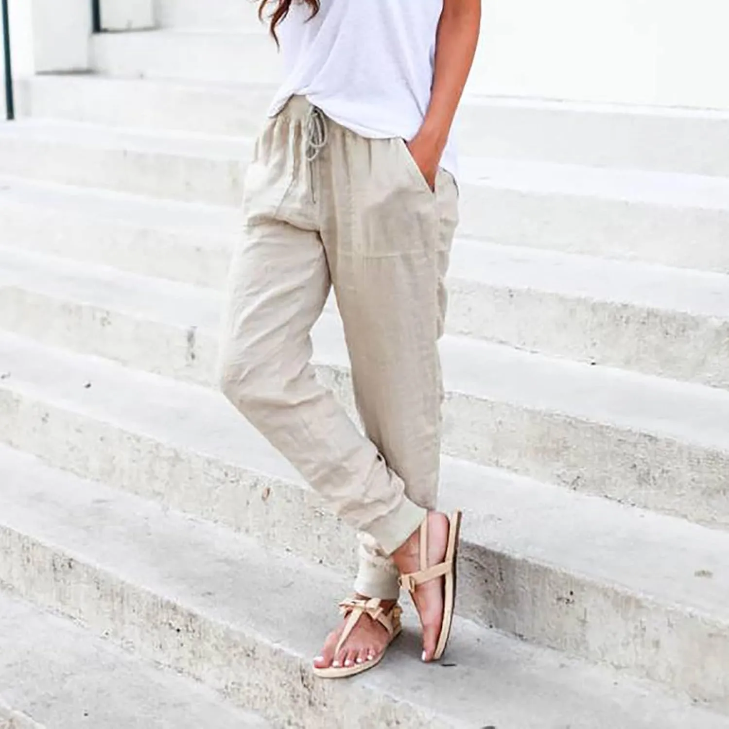 Linen Tapered Pants Women Drawstring Elastic Waist Casual Trousers with Pockets Straight Leg Loose Comfy Sweatpants