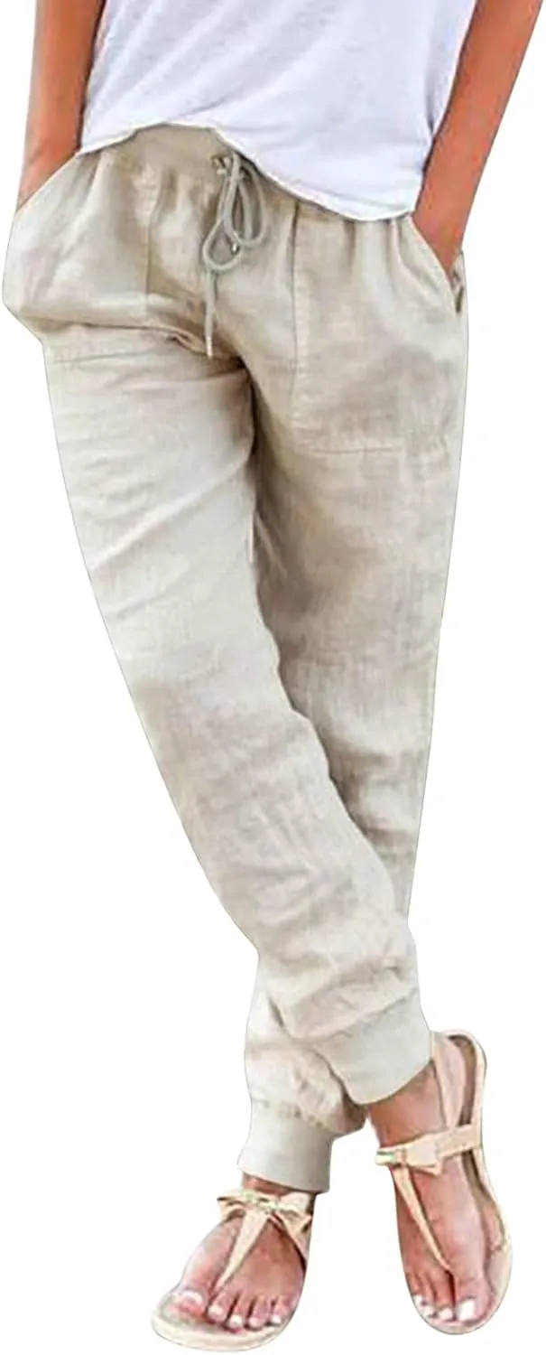 Linen Tapered Pants Women Drawstring Elastic Waist Casual Trousers with Pockets Straight Leg Loose Comfy Sweatpants