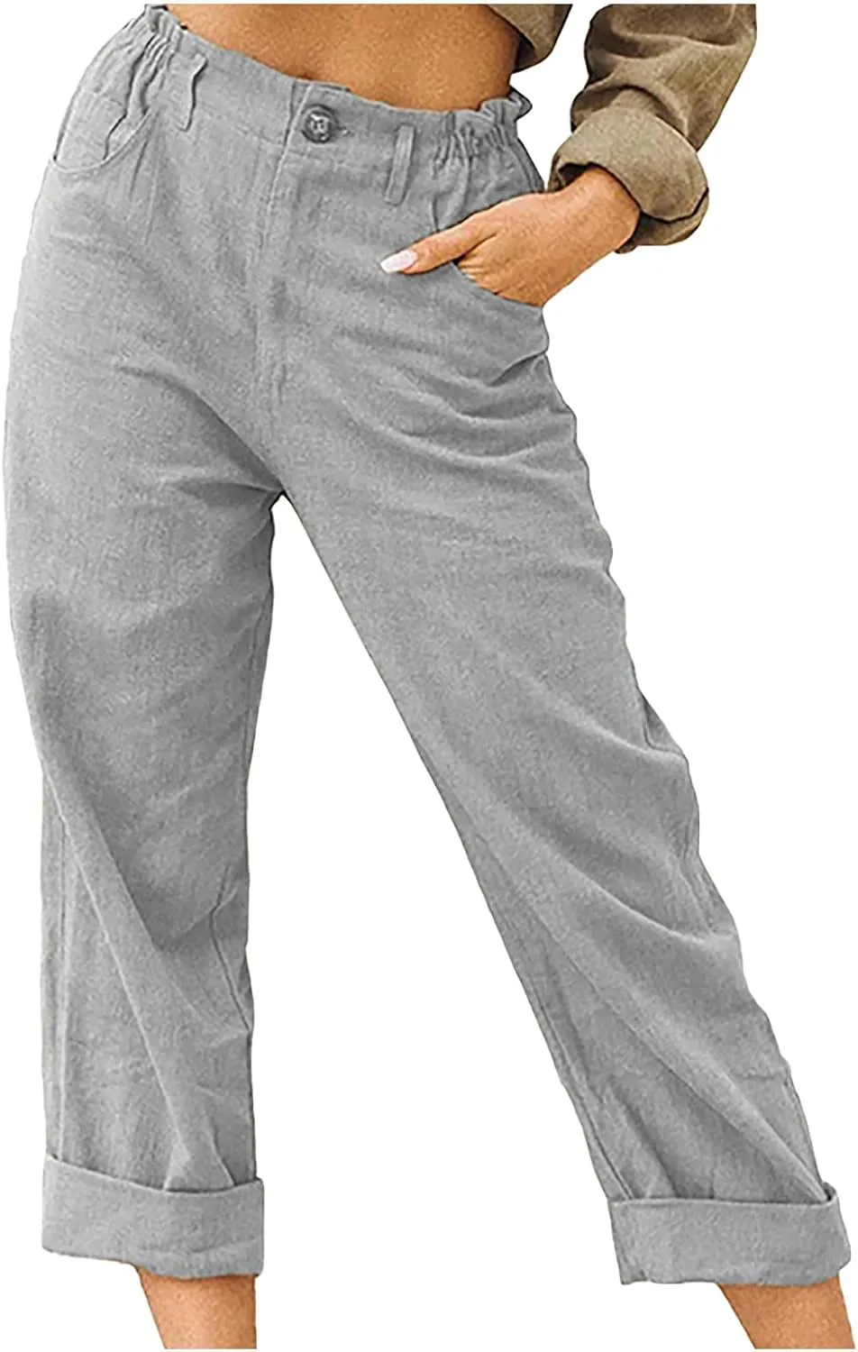LRMQS Women Capri Pants 2024 Summer Trendy Linen Cropped Trouser with Pockets Beach Casual Cruise Fashion Capris Clothes