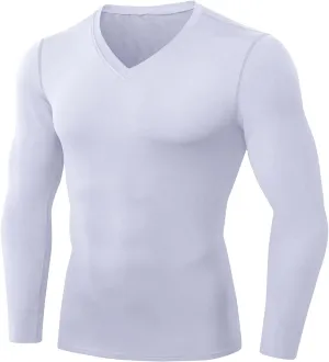 Men's Athletic Compression Shirt - V Neck Long Sleeve Workout Running Base Layer Tops Cool Dry T-Shirt Gym Undershirts