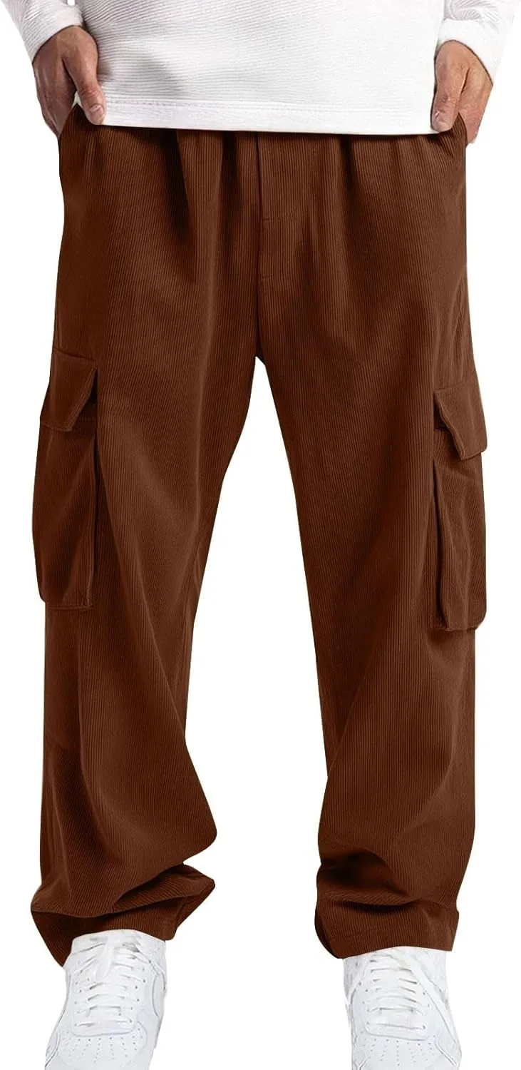 Mens Corduroy Cargo Pants Fashion Loose Fit Straight Wide Leg Pants Baggy Sweatpants Elastic Waist with Pockets