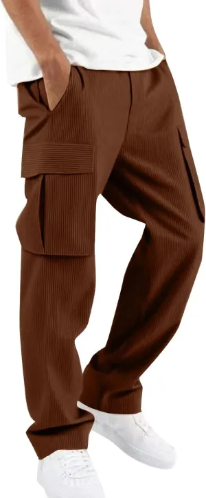 Mens Corduroy Cargo Pants Fashion Loose Fit Straight Wide Leg Pants Baggy Sweatpants Elastic Waist with Pockets