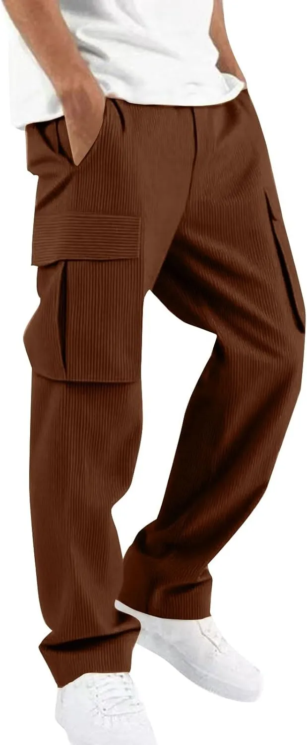 Mens Corduroy Cargo Pants Fashion Loose Fit Straight Wide Leg Pants Baggy Sweatpants Elastic Waist with Pockets