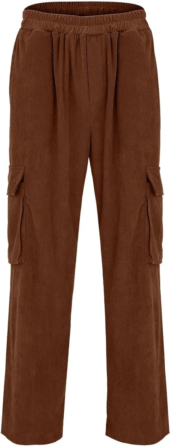 Mens Corduroy Cargo Pants Fashion Loose Fit Straight Wide Leg Pants Baggy Sweatpants Elastic Waist with Pockets