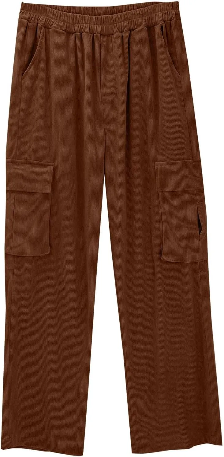Mens Corduroy Cargo Pants Fashion Loose Fit Straight Wide Leg Pants Baggy Sweatpants Elastic Waist with Pockets