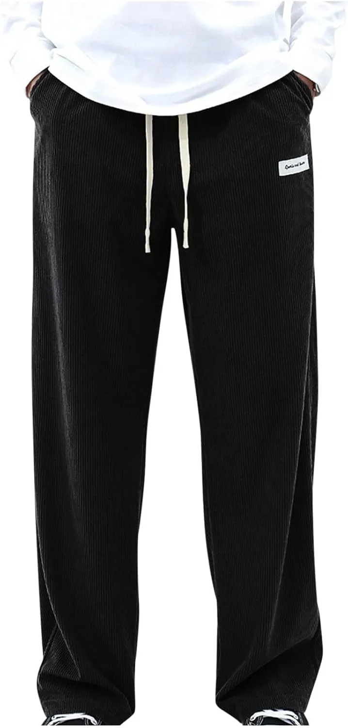 Mens Corduroy Pants Casual Drawstring Pant with Pockets Fashion Loose Fit Wide Leg Sweatpants Baggy Retro Trousers