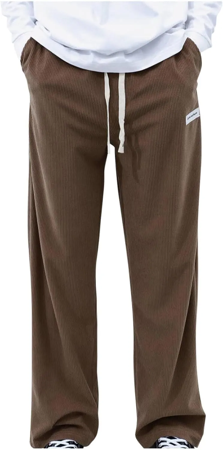 Mens Corduroy Pants Casual Drawstring Pant with Pockets Fashion Loose Fit Wide Leg Sweatpants Baggy Retro Trousers