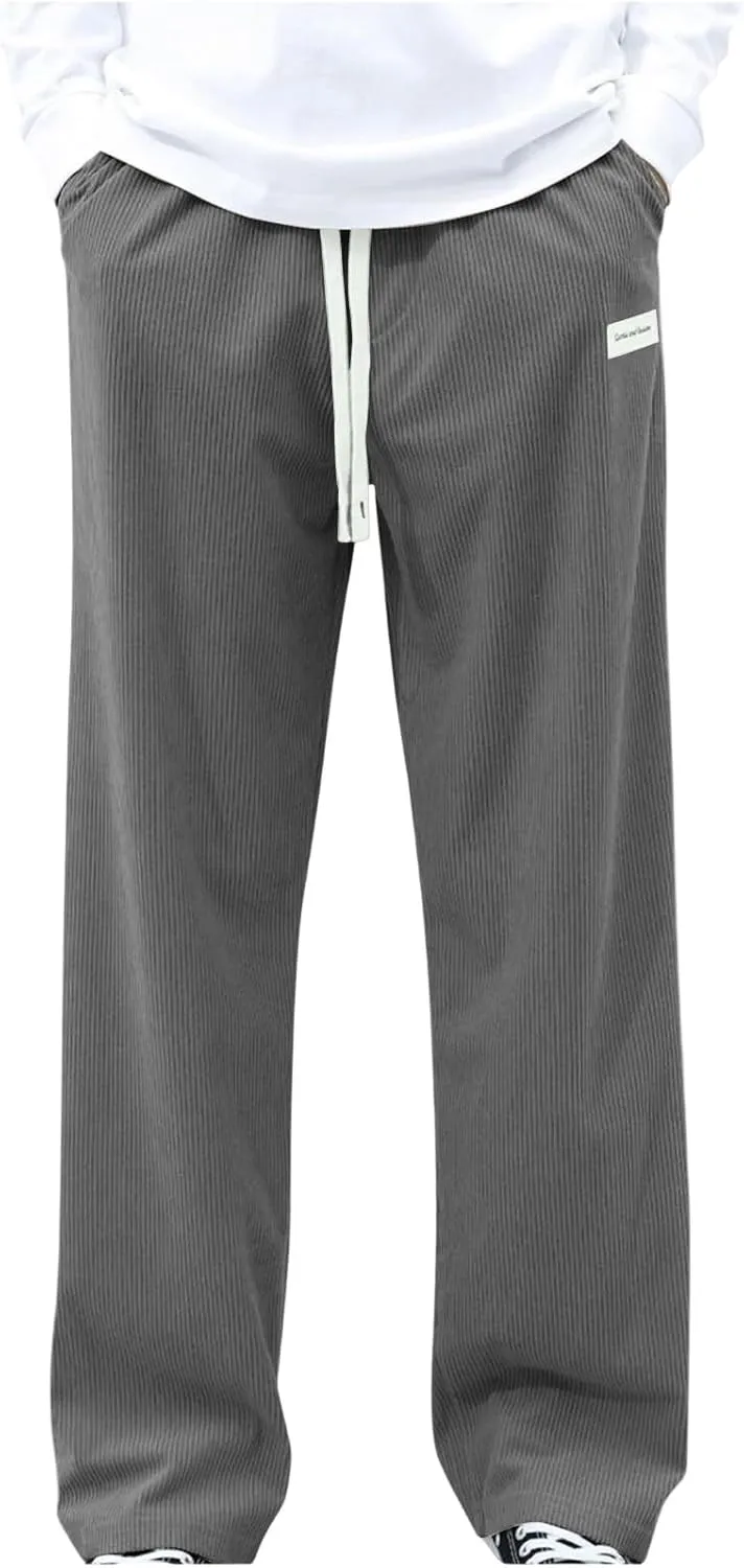 Mens Corduroy Pants Casual Drawstring Pant with Pockets Fashion Loose Fit Wide Leg Sweatpants Baggy Retro Trousers
