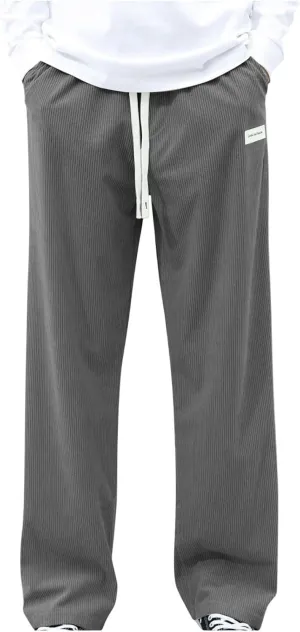 Mens Corduroy Pants Casual Drawstring Pant with Pockets Fashion Loose Fit Wide Leg Sweatpants Baggy Retro Trousers