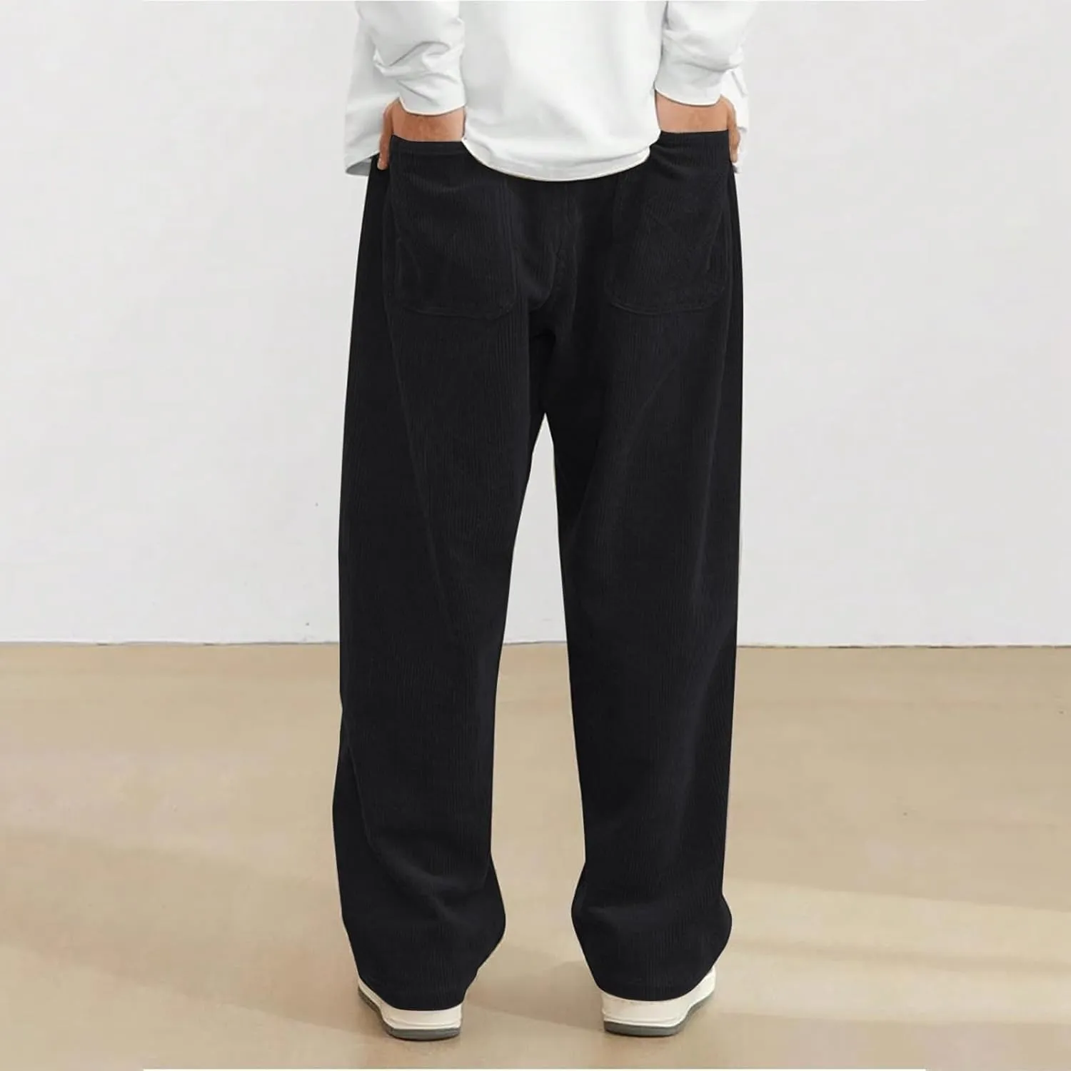 Mens Corduroy Pants Casual Drawstring Pant with Pockets Fashion Loose Fit Wide Leg Sweatpants Baggy Retro Trousers