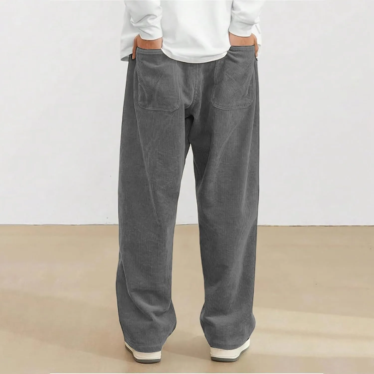 Mens Corduroy Pants Casual Drawstring Pant with Pockets Fashion Loose Fit Wide Leg Sweatpants Baggy Retro Trousers