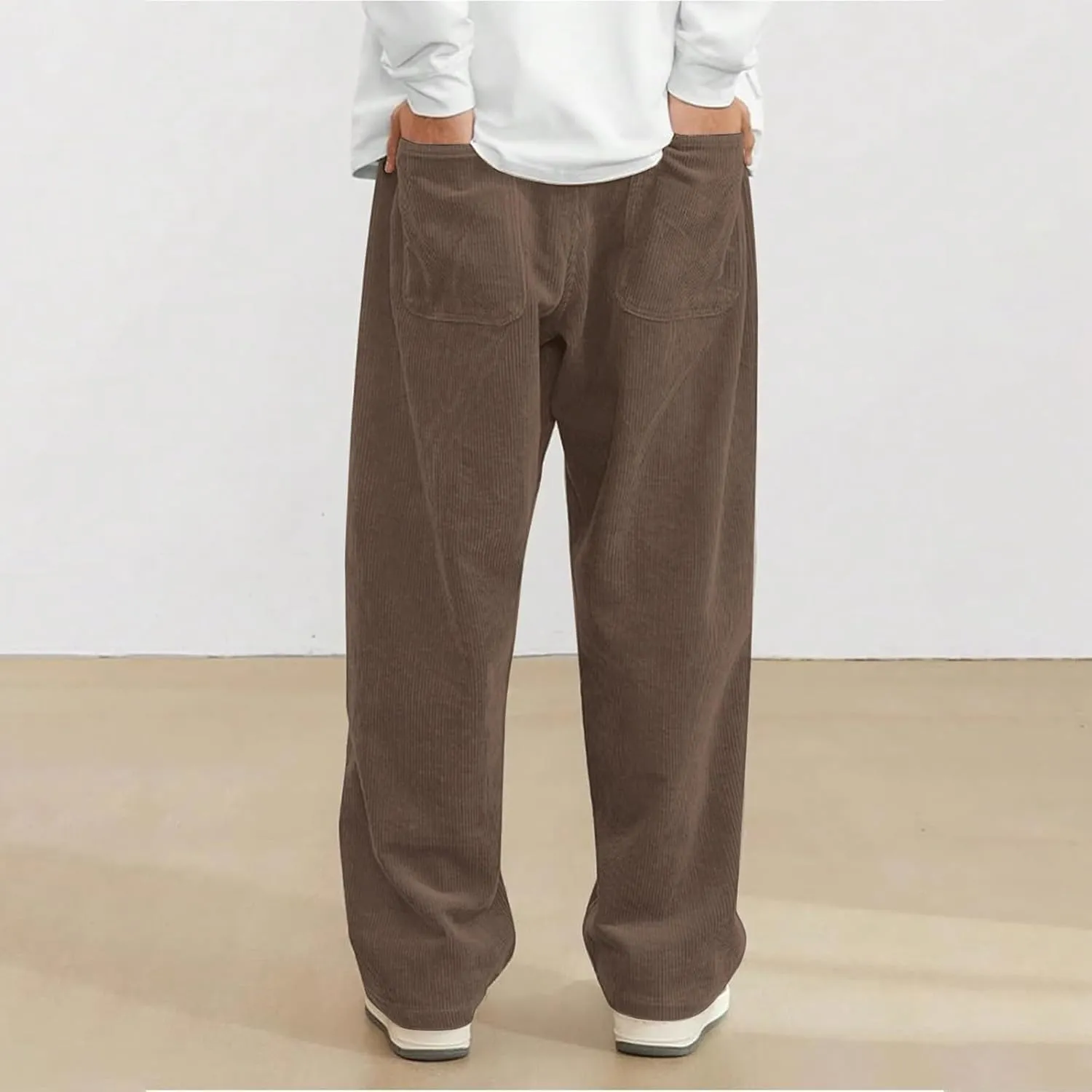 Mens Corduroy Pants Casual Drawstring Pant with Pockets Fashion Loose Fit Wide Leg Sweatpants Baggy Retro Trousers