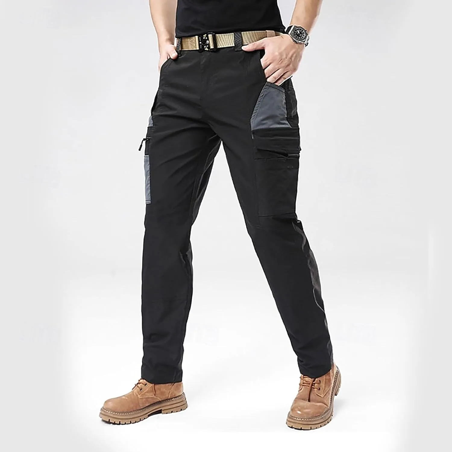 Men's Hiking Cargo Pants Utility Elastic Waist Pockets Ripstop Breathable Tactical Pants Stretch Jogging Sweatpants