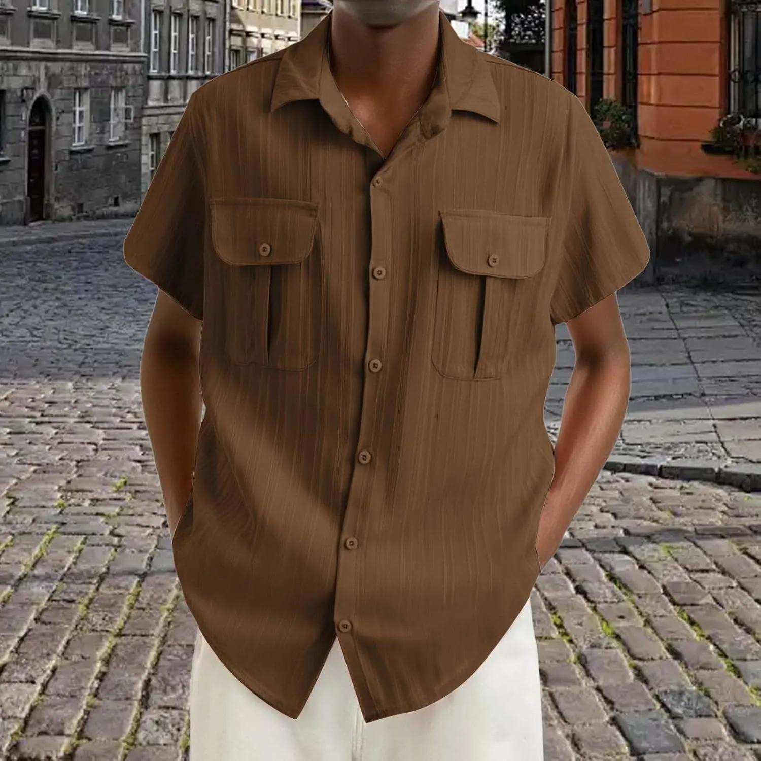 Mens Linen Striped Cargo Shirts 2025 Button Down Polo Shirt Quick Dry Short Sleeve Tactical Sweatshirts with Pockets