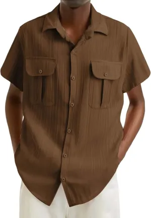 Mens Linen Striped Cargo Shirts 2025 Button Down Polo Shirt Quick Dry Short Sleeve Tactical Sweatshirts with Pockets