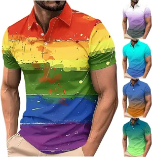 Mens Polo Shirts Short Sleeve Pride Rainbow Stripe Shirt with 3 Buttons Summer Tees Business Work Tops T-Shirt Blouse