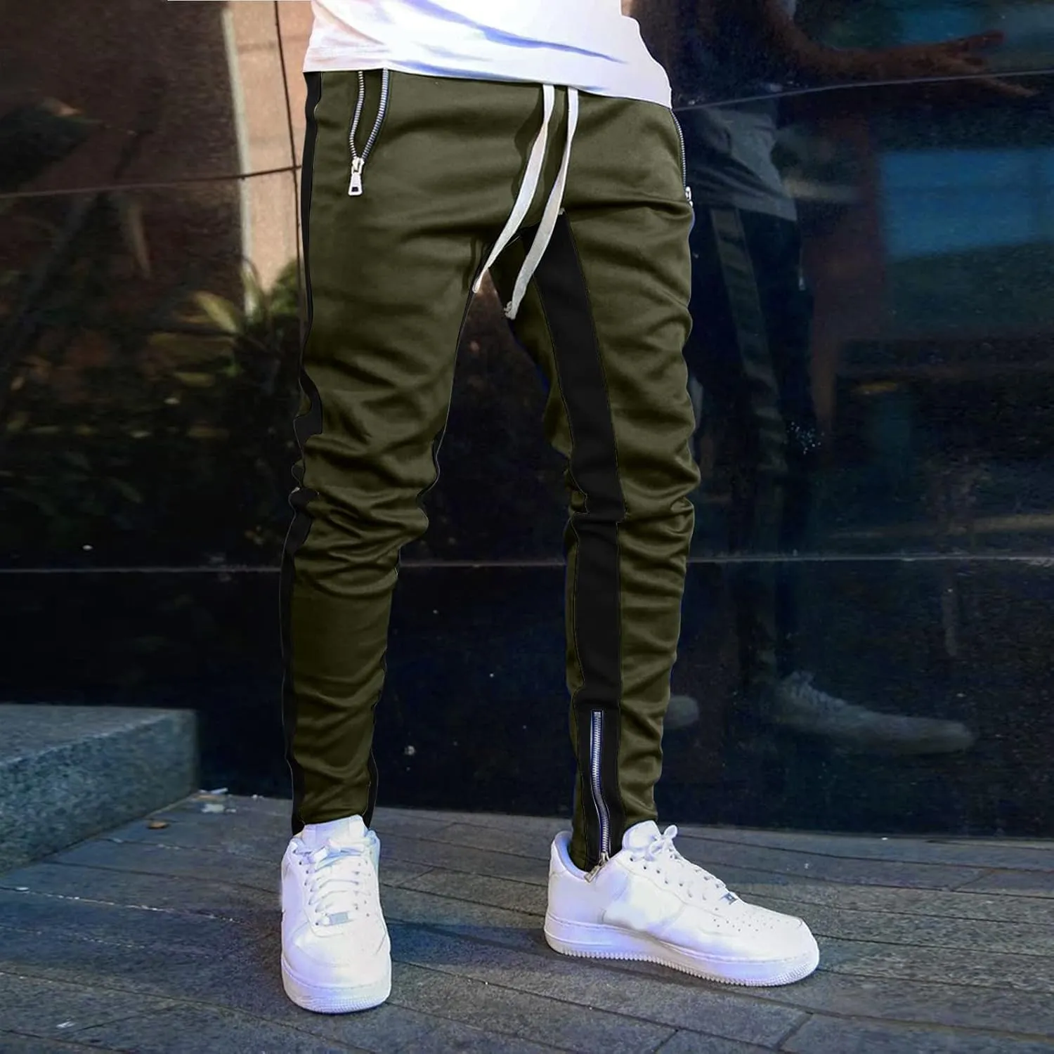 Mens Stripe Track Pants Skinny Fit Stretch Elastic Waist Ankle Zipper Joggers Workout Active Pants Streetwear