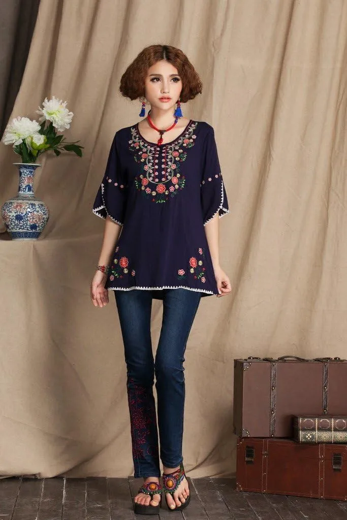 Mexican Shirts Peasant Blouses Cotton Embroidered 3/4 Sleeve Bohemian Tops Boho Clothes for Women Summer Fiesta