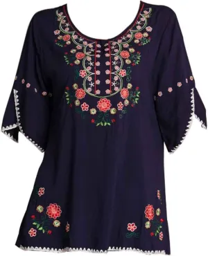 Mexican Shirts Peasant Blouses Cotton Embroidered 3/4 Sleeve Bohemian Tops Boho Clothes for Women Summer Fiesta