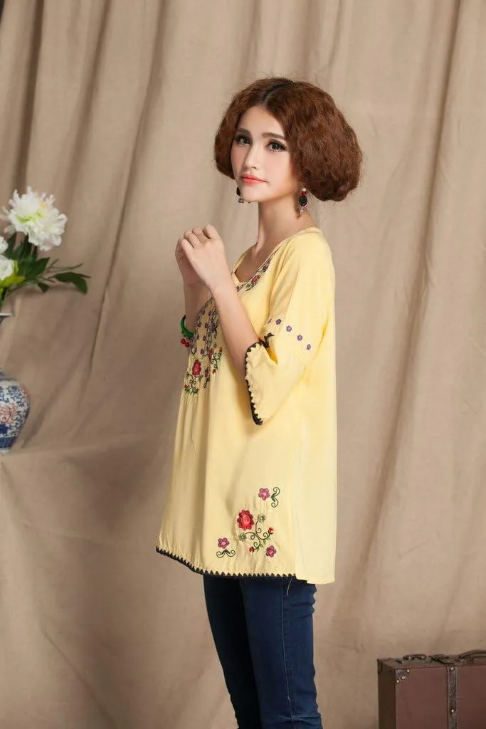 Mexican Shirts Peasant Blouses Cotton Embroidered 3/4 Sleeve Bohemian Tops Boho Clothes for Women Summer Fiesta
