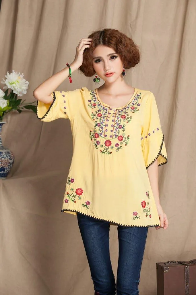 Mexican Shirts Peasant Blouses Cotton Embroidered 3/4 Sleeve Bohemian Tops Boho Clothes for Women Summer Fiesta