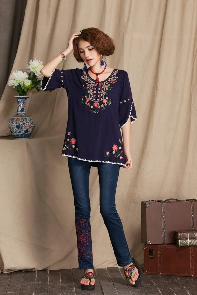 Mexican Shirts Peasant Blouses Cotton Embroidered 3/4 Sleeve Bohemian Tops Boho Clothes for Women Summer Fiesta
