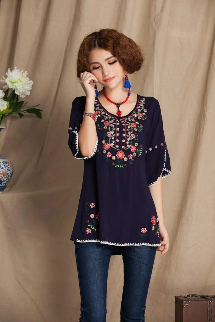 Mexican Shirts Peasant Blouses Cotton Embroidered 3/4 Sleeve Bohemian Tops Boho Clothes for Women Summer Fiesta