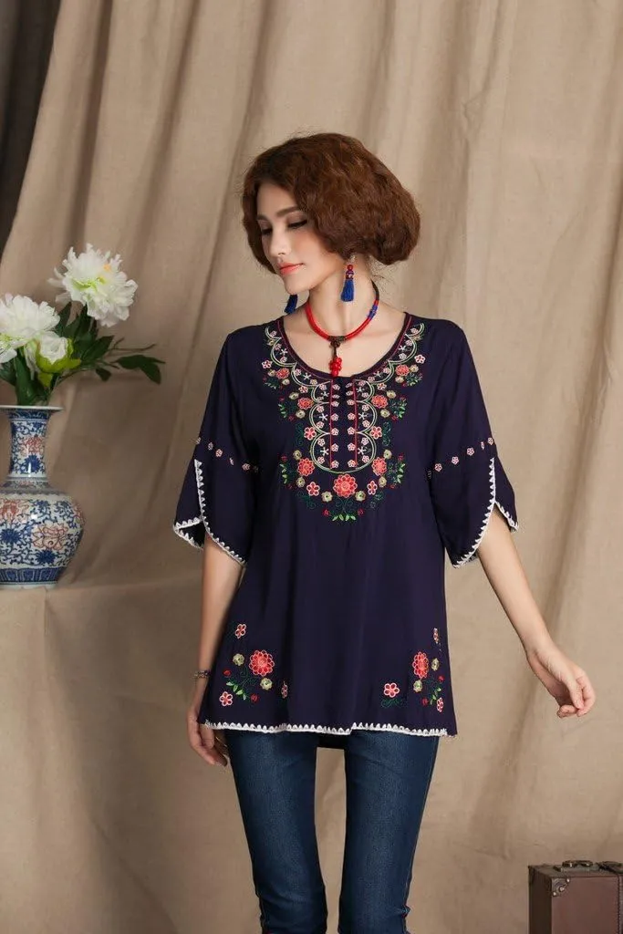 Mexican Shirts Peasant Blouses Cotton Embroidered 3/4 Sleeve Bohemian Tops Boho Clothes for Women Summer Fiesta