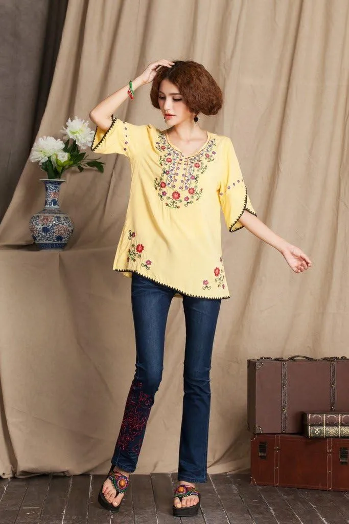 Mexican Shirts Peasant Blouses Cotton Embroidered 3/4 Sleeve Bohemian Tops Boho Clothes for Women Summer Fiesta