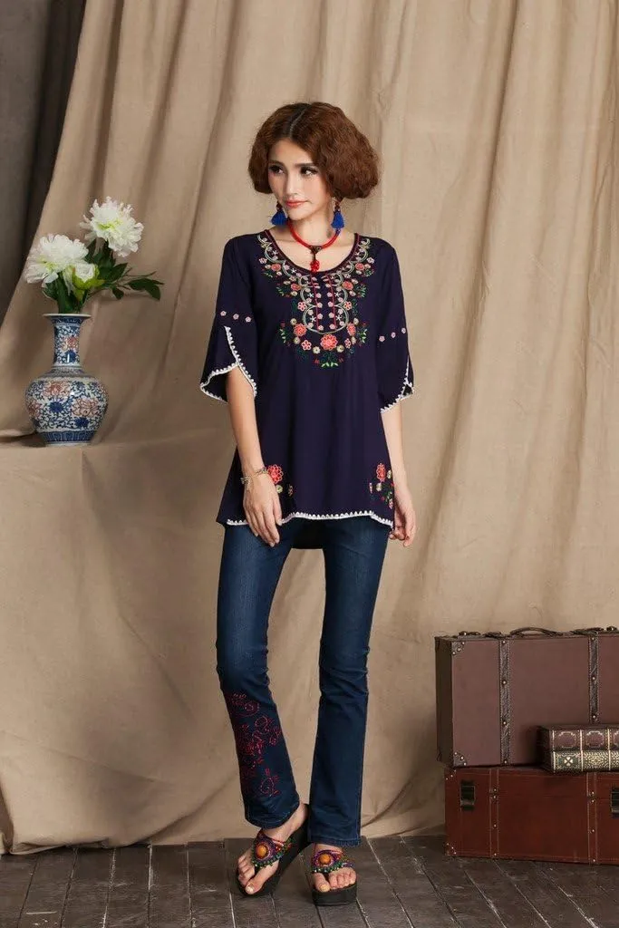 Mexican Shirts Peasant Blouses Cotton Embroidered 3/4 Sleeve Bohemian Tops Boho Clothes for Women Summer Fiesta