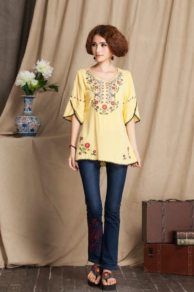 Mexican Shirts Peasant Blouses Cotton Embroidered 3/4 Sleeve Bohemian Tops Boho Clothes for Women Summer Fiesta