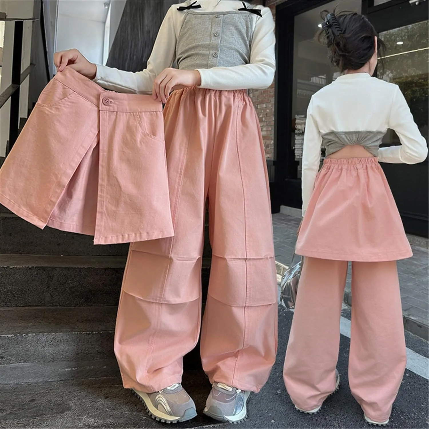 Moonker Teen Girls Baggy Palozzo Pants Loose Detachable Wide Leg Straight Elastic Waist Trousers Summer Comfy
