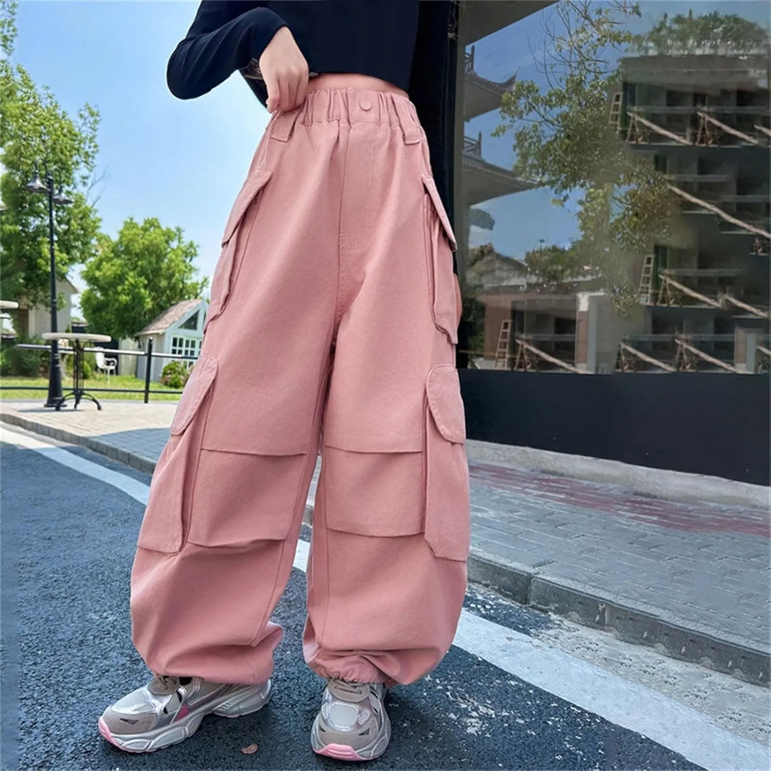 Moonker Teen Girls Baggy Palozzo Pants Loose Wide Leg Straight Elastic Waist Trousers Summer Daily Girls