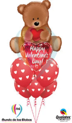 Oso Gigante de 36" pulgadas con corazón metálico   Corazón "Happy Valentine´s Day" de 18" metálico & látex de corazones impresos