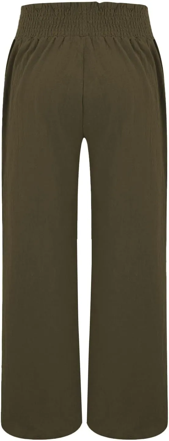Palazzo Pants for Women Womens Linen Pant Elastic High Waist Drawstring Cotton Wide Leg Trousers with Pocket