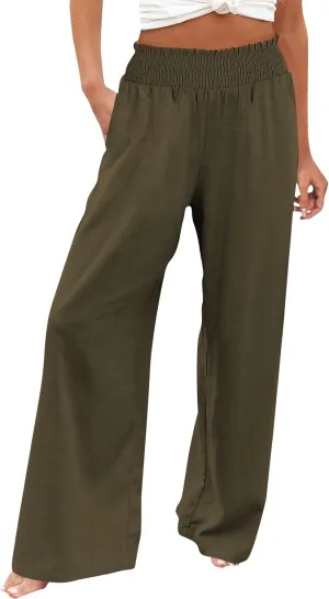 Palazzo Pants for Women Womens Linen Pant Elastic High Waist Drawstring Cotton Wide Leg Trousers with Pocket