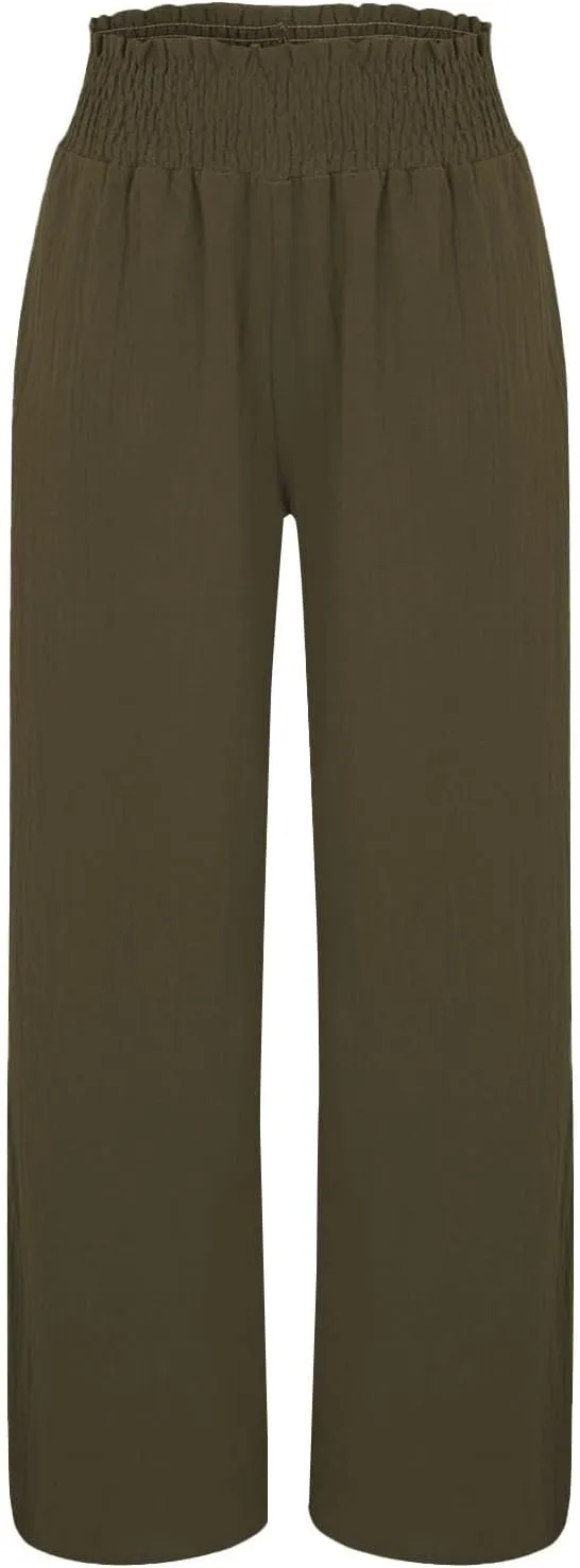 Palazzo Pants for Women Womens Linen Pant Elastic High Waist Drawstring Cotton Wide Leg Trousers with Pocket