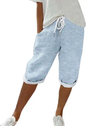 Pedal Pushers for Women Knee Length Linen Casual Striped Bermuda Shorts Summer Elastic Waisted Capris with Pocket