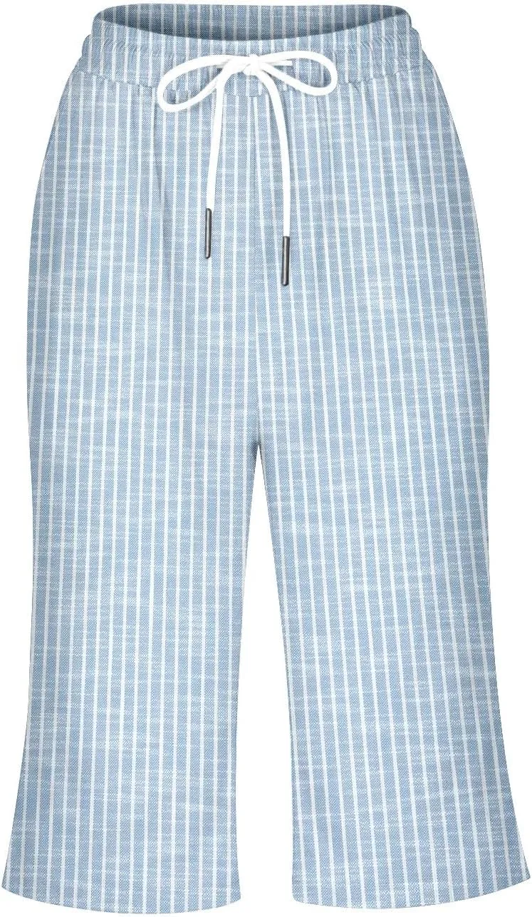 Pedal Pushers for Women Knee Length Linen Casual Striped Bermuda Shorts Summer Elastic Waisted Capris with Pocket