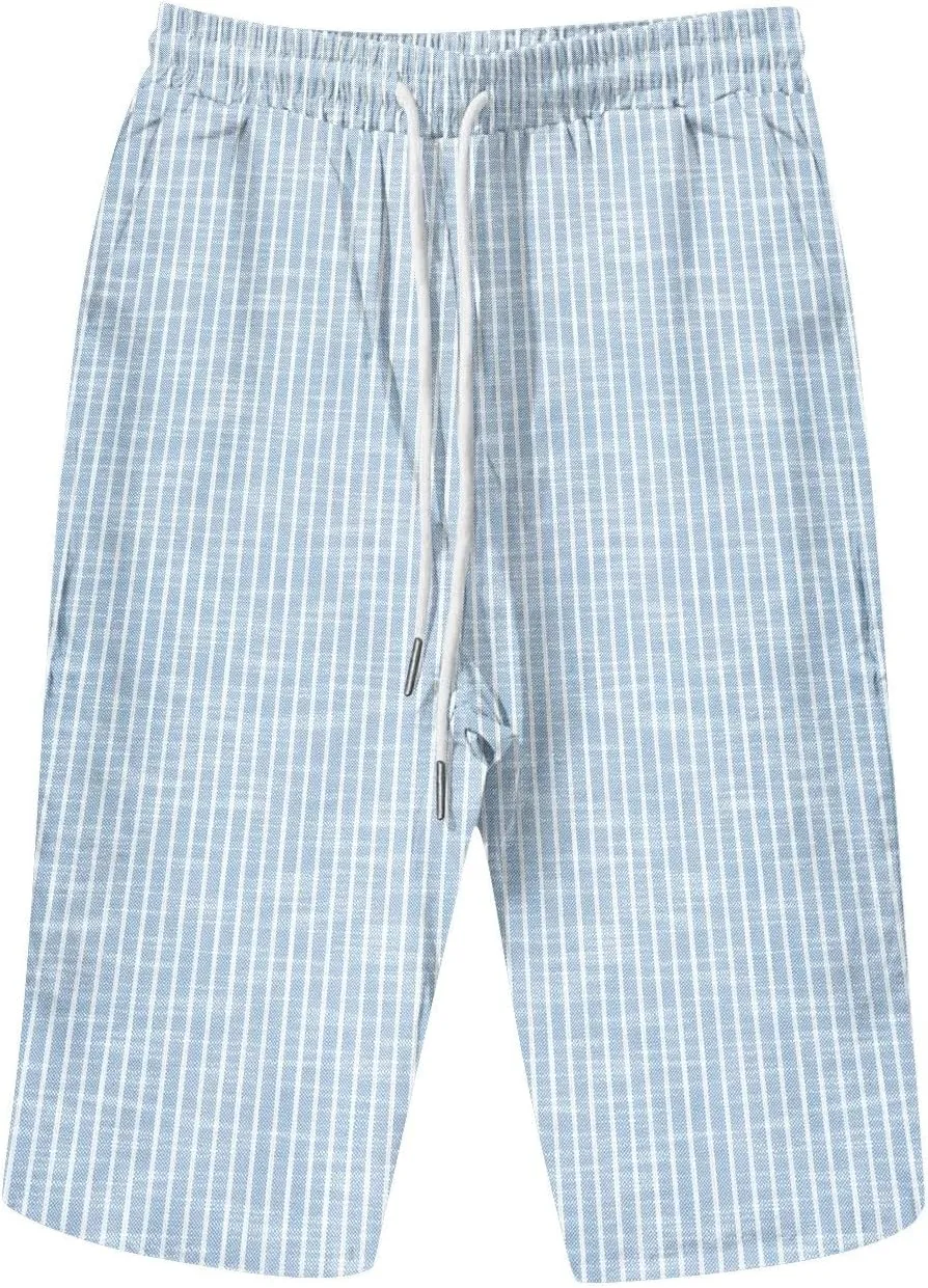 Pedal Pushers for Women Knee Length Linen Casual Striped Bermuda Shorts Summer Elastic Waisted Capris with Pocket