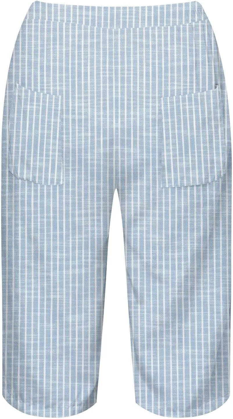 Pedal Pushers for Women Knee Length Linen Casual Striped Bermuda Shorts Summer Elastic Waisted Capris with Pocket